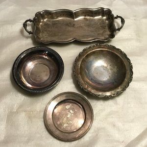 Lot of 4 vintage silver-plated items - 2 handled tray, bowls, plate